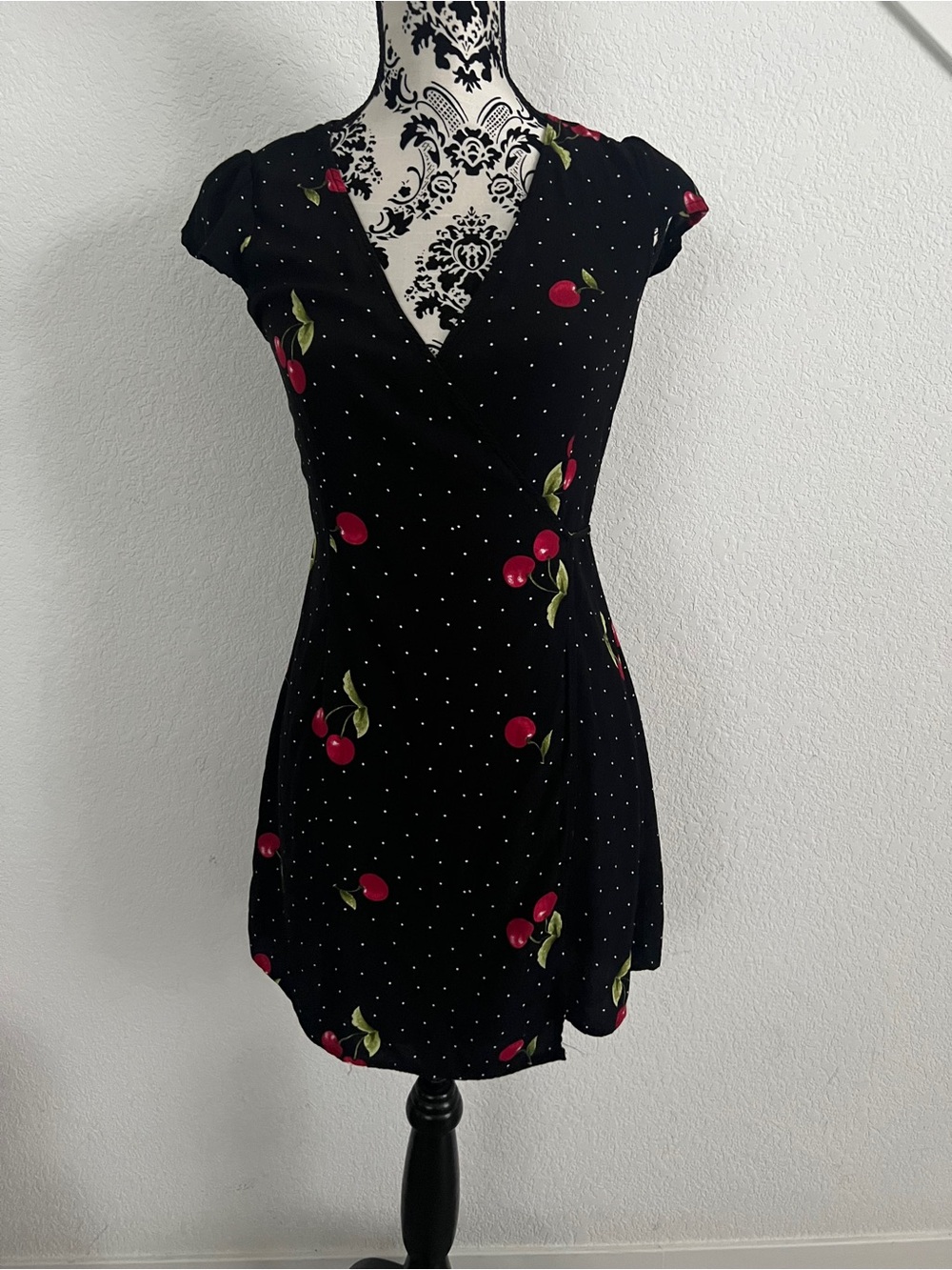 Forever 21 Cherry Polka Dot Wrap Mini Dress Black Size Small